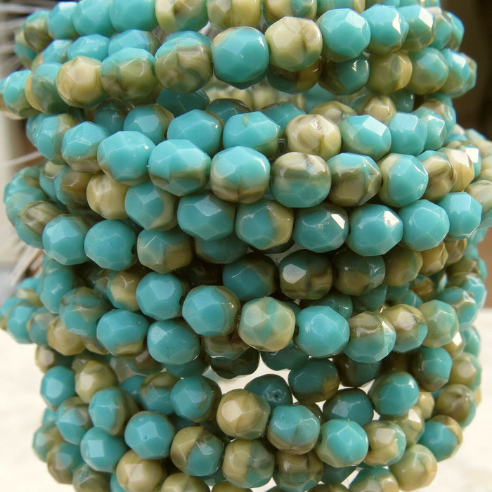 6mm Faceted 2 Tone Opaque Turquoise & Ivory Czech Firepolish Glass Beads -  Qty 25 (FP67) freeshipping - Beads and Babble