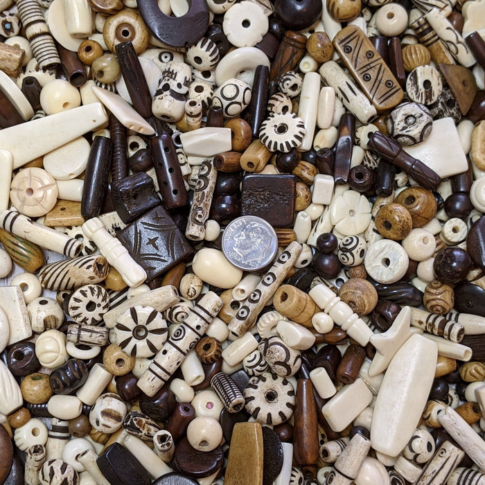 Hand Carved Small Assortment Mix #2 - Size 1mm to 6mm Water Buffalo Bone  Beads - 36 Inch Stand (AW12)